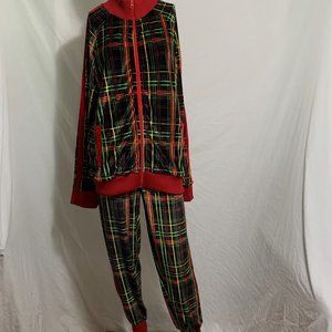 Christmas Tracksuit 2 Piece Set Velour Jacket Pant Jogger Sequin Ho Ho Plaid M